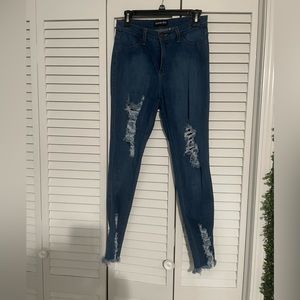 Fashion Nova Dark Wash Hight Rise Distress Skinny Jeans size 11